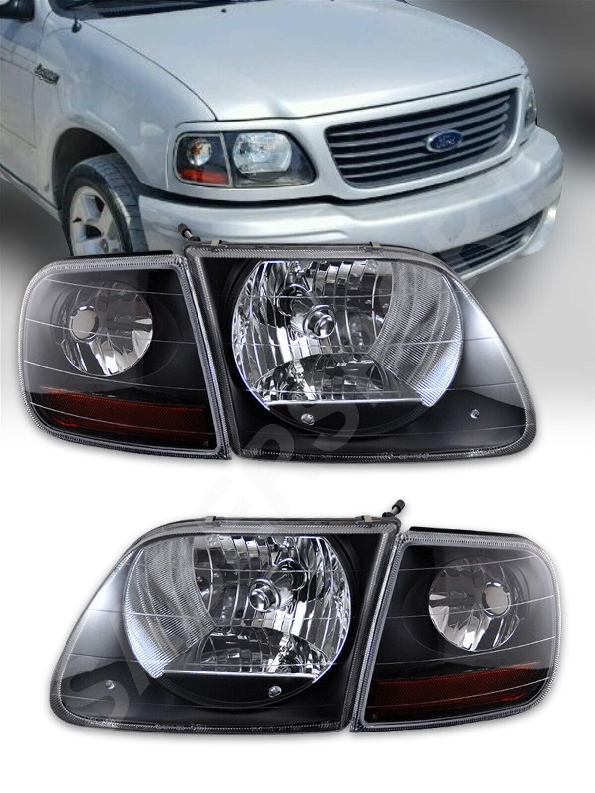 Set of Headlights + Corner (Black) for 1997.8-2003 Ford F150 / 97-02 Expedition