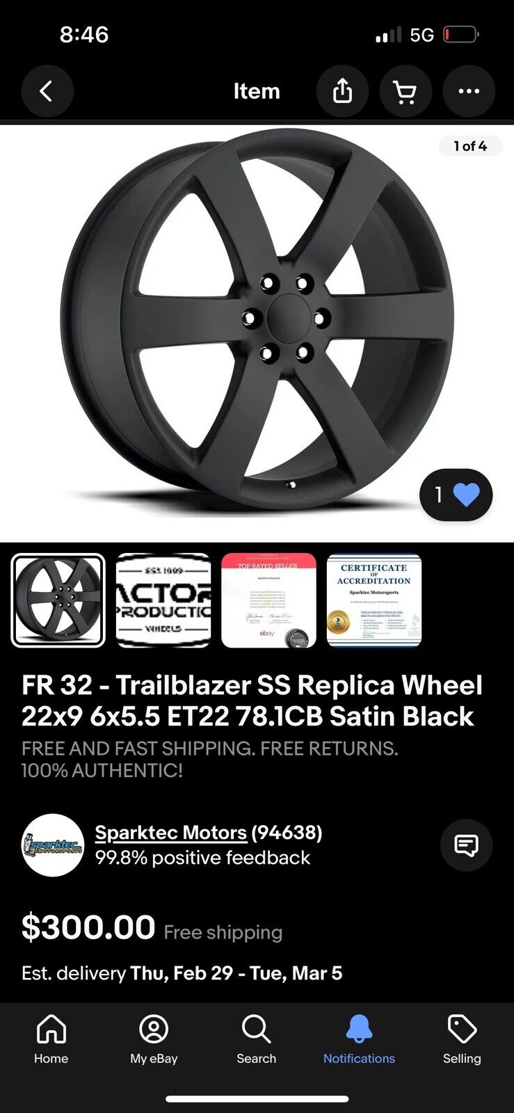 Trailblazer SS Replica Wheel 22x9 6x5.5 ET22 78.1CB Satin Black -MOUNTED ONCE-