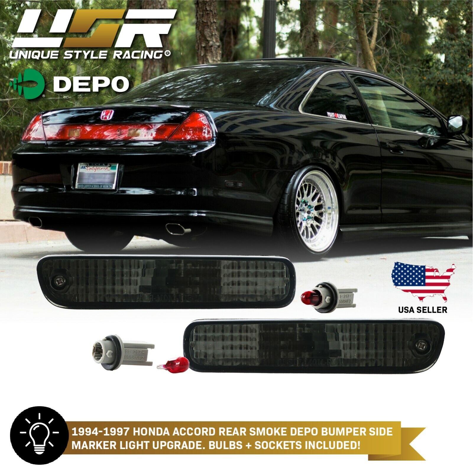 Front Smoke Bumper Side Markers For 98-02 Honda Accord 2D Rear / 97-01 Prelude