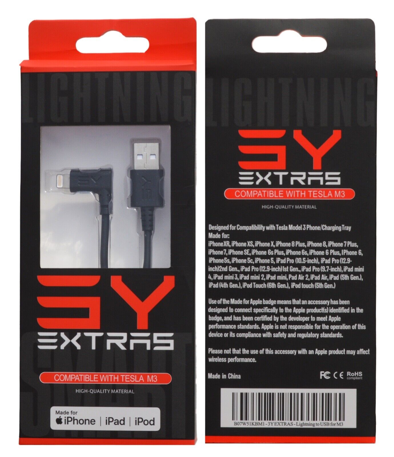 3Y Extras - Tesla Model 3 and Y iPhone Charging Cable USB - Lighting MFI  