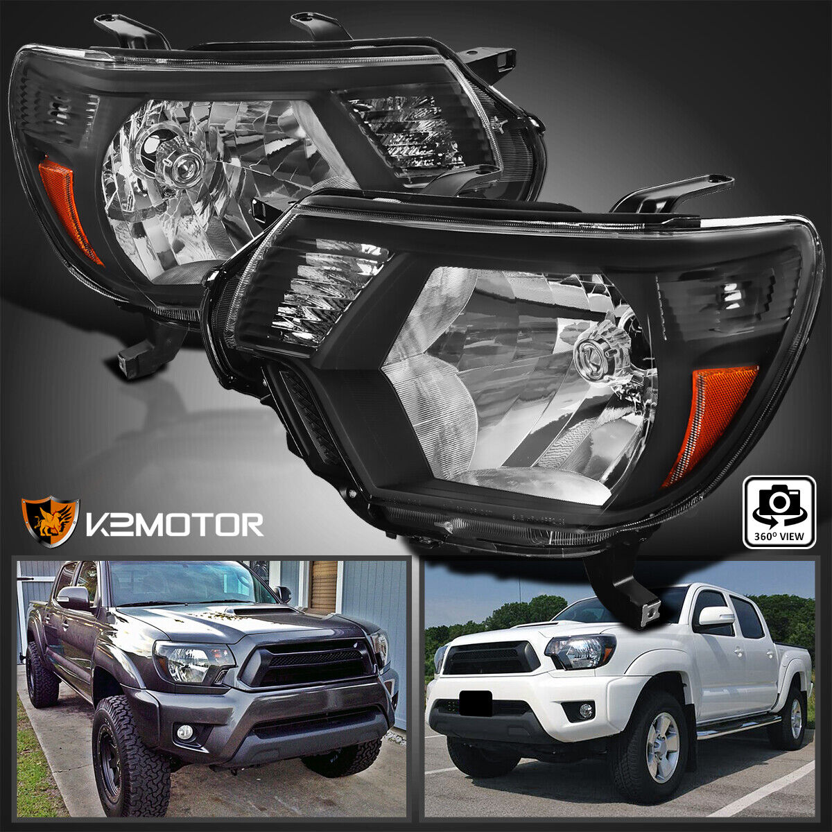 For 2012-2015 Toyota Tacoma Pickup Black Headlights Lamps Replacement Left+Right