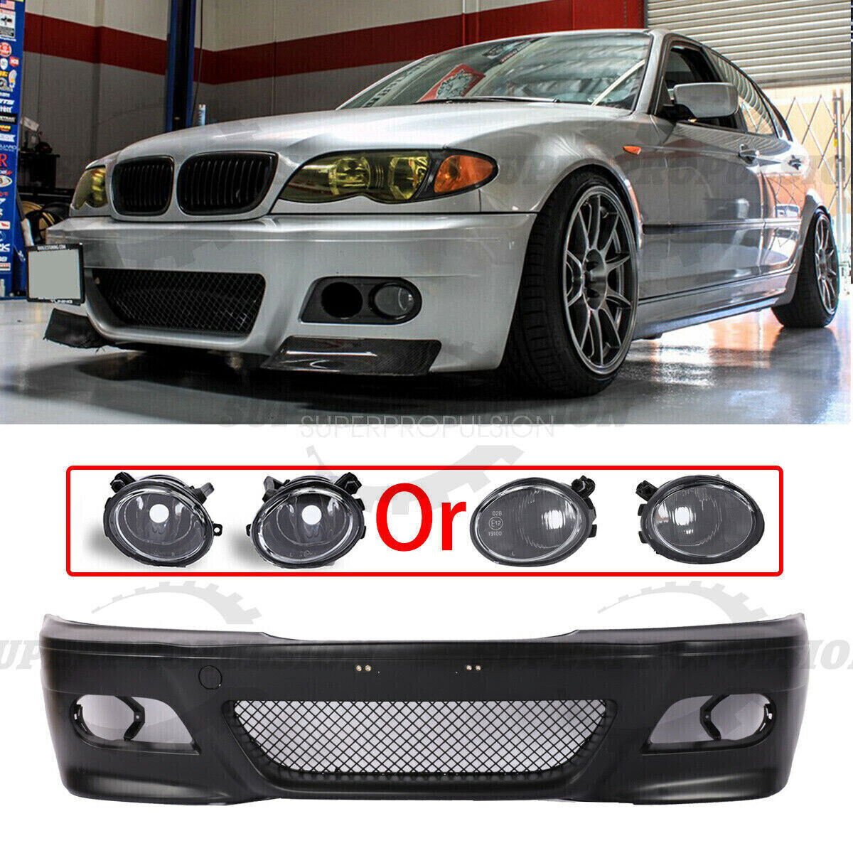 M3 Style Front Bumper +Fog lights+Dual Hole Covers Fit BMW E46 4dr 2dr 3-Series