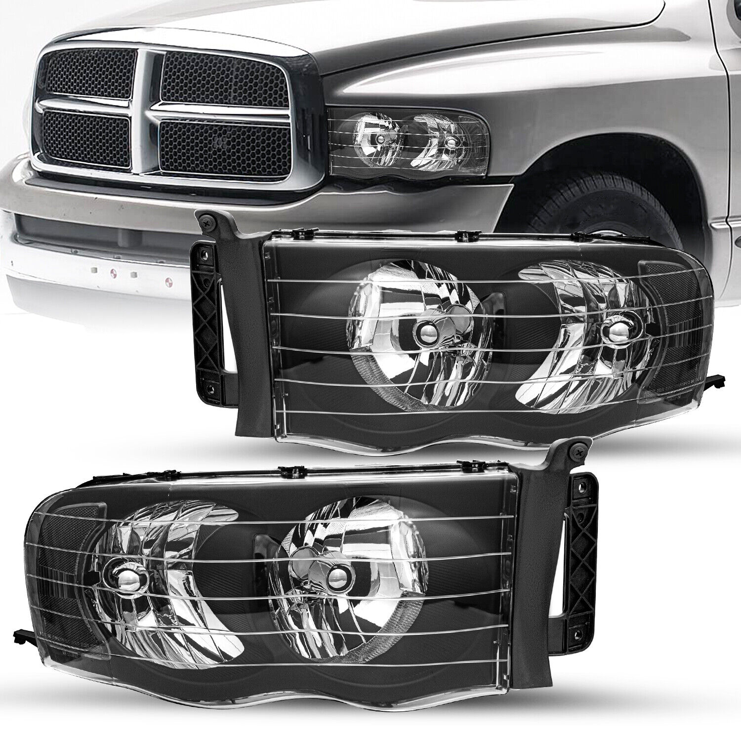 For 2002-2005 Dodge Ram Pickup Headlights Assembly Black Clear Headlamps LH&RH