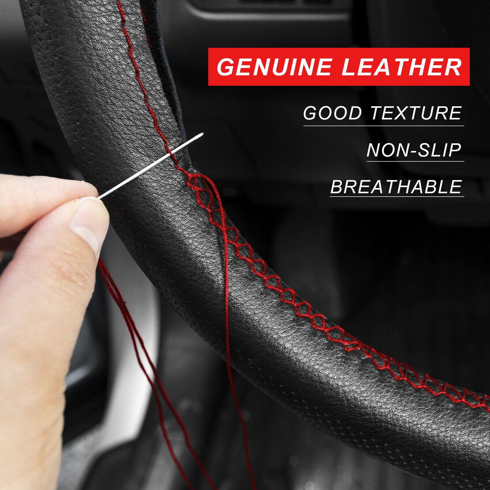 DIY Car Steering Wheel Cover Needle Thread Anti-slip Soft Genuine Leather