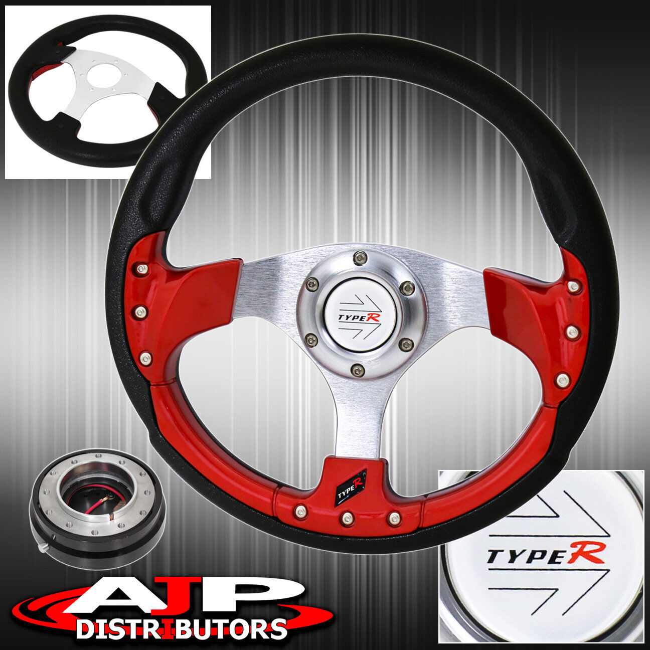 Type-R 320mm 6 Bolt Red Fusion Style Steering Wheel + Black Slim Quick Release