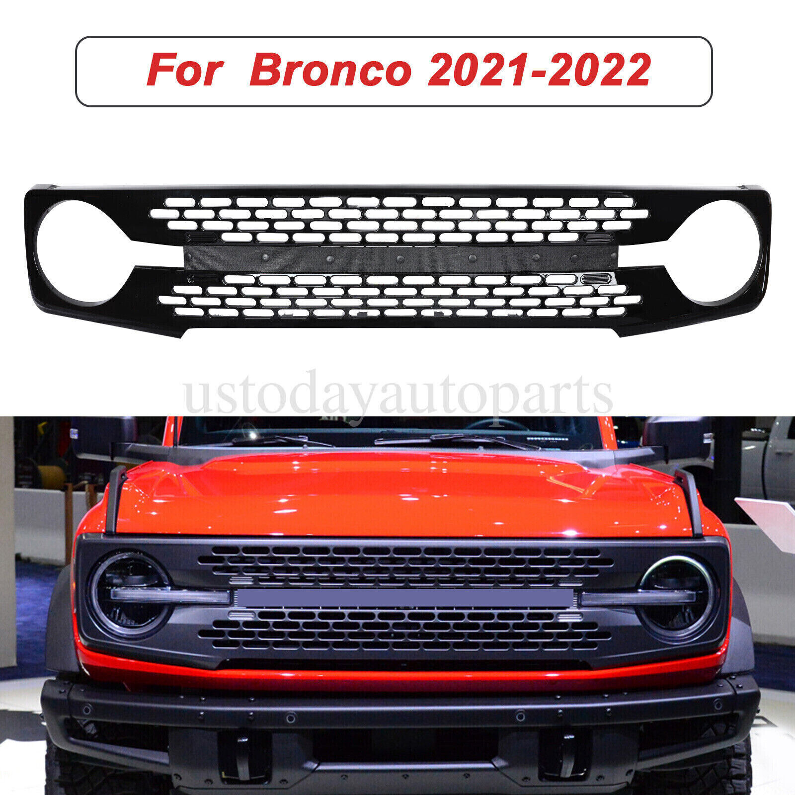 Front Grille For 2021-2023 Ford Bronco Grill Gloss Black W/Letters Bumper Mesh