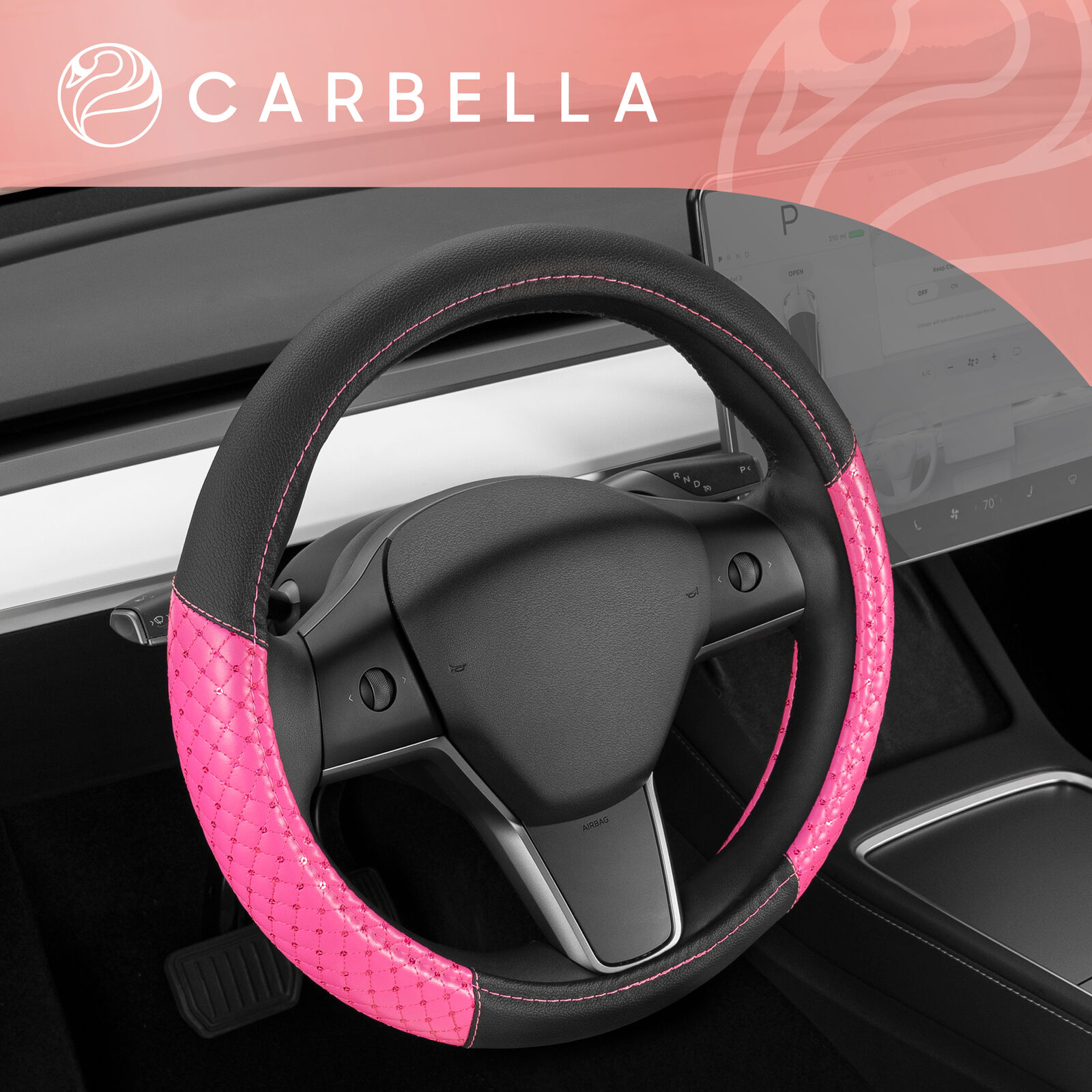 Carbella Pink Glitter Car Steering Wheel Cover for Women Cute Sequin Bling