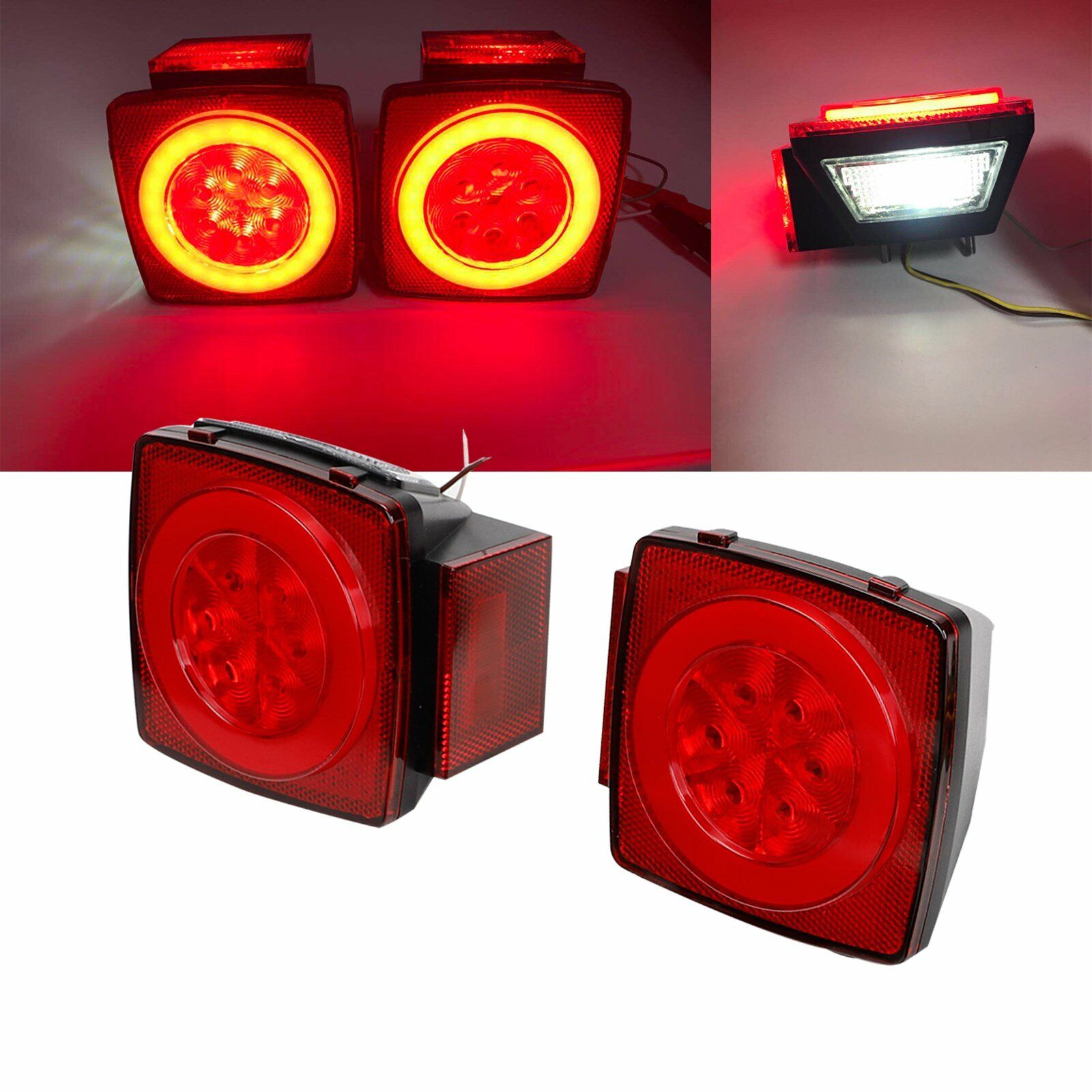 Pair Red LED Submersible Stop Brake Trailer Tail Lights Square 80\