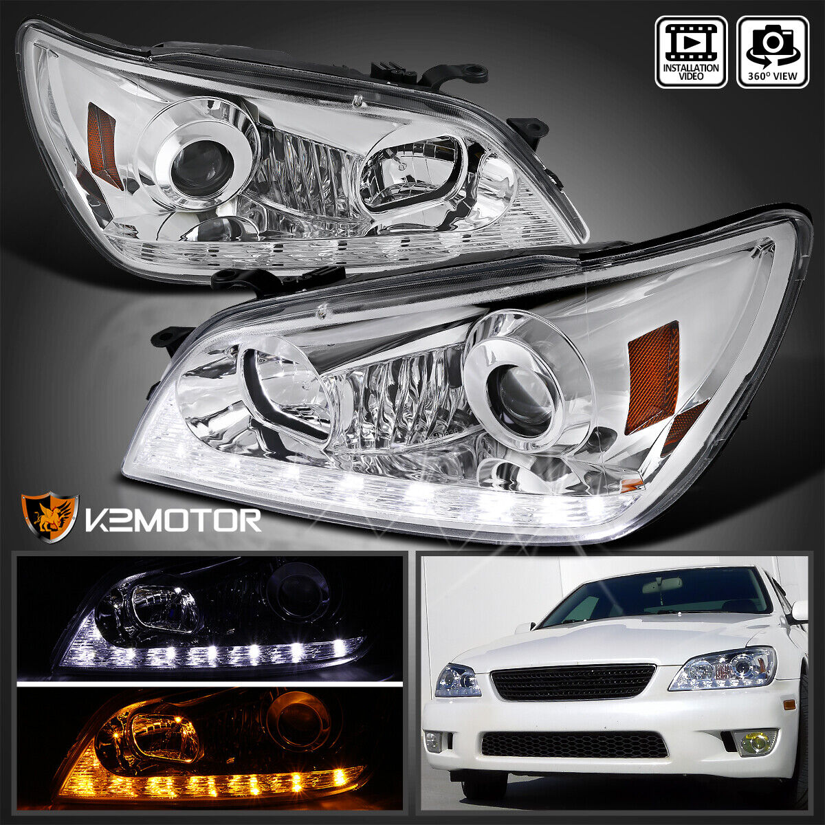 For 2001-2005 Lexus IS300 LED Signal Strip Clear Projector Headlights Left+Right