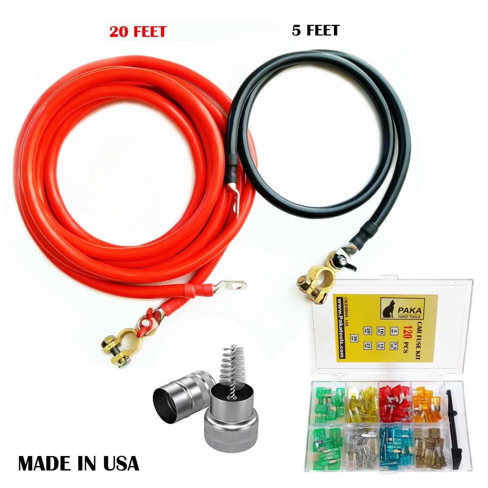 Battery Relocation Kit, 1/0 AWG Cable, Top Post 20 FT / 5 FT + FUSE KIT + BRUSH 