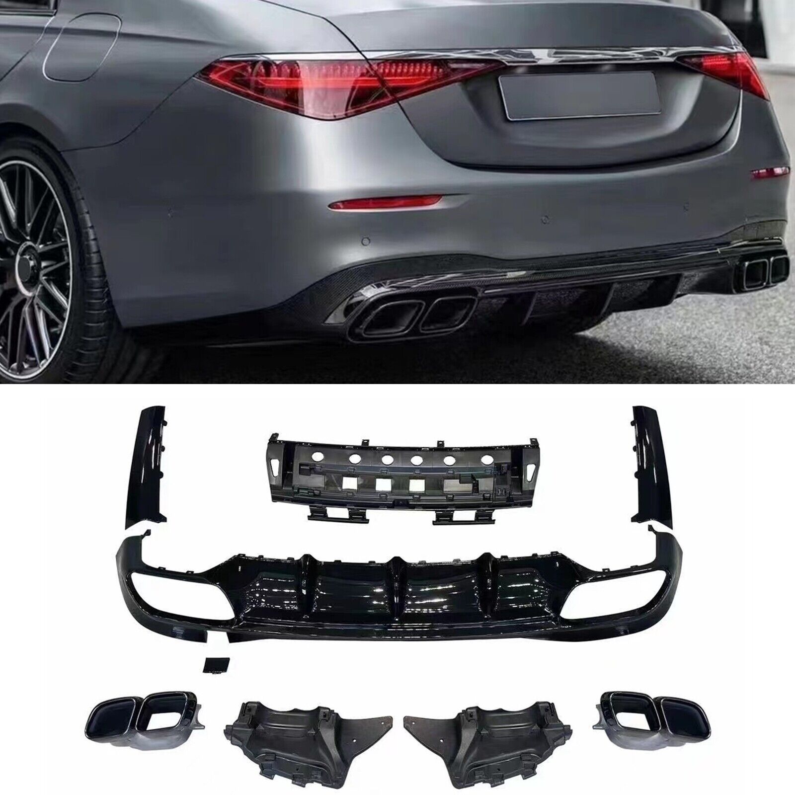 Rear Diffuser + Exhaust Tips Kit For Mercedes Benz S Class W223 S63 AMG S580 BLK