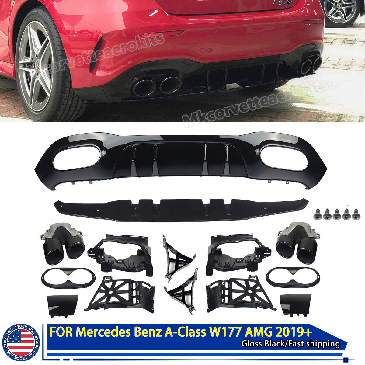 Rear Diffuser Lip Gloss For Benz 2019+ W177 A35 AMG A45 Style W/Exhaust Tips USA