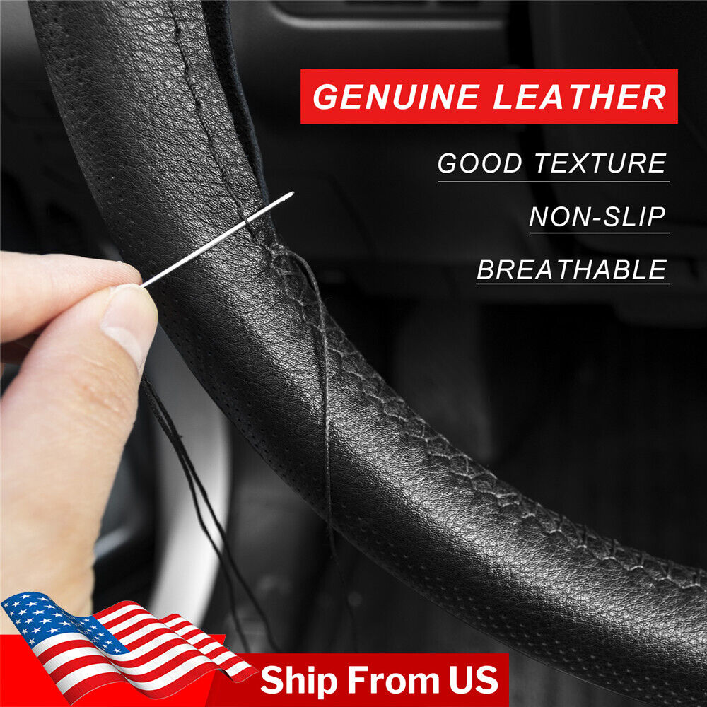 DIY Genuine Leather Car Steering Wheel Cover Needle Thread Anti-slip Black 15\