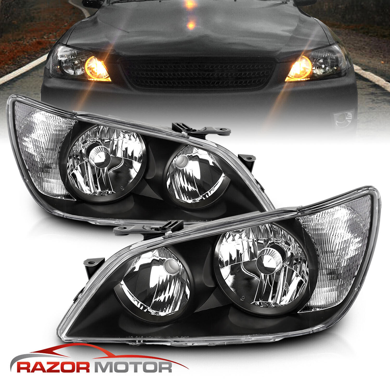 2001-2005 Factory Black OE Headlight Assembly Pair for Lexus IS300 Left+Right