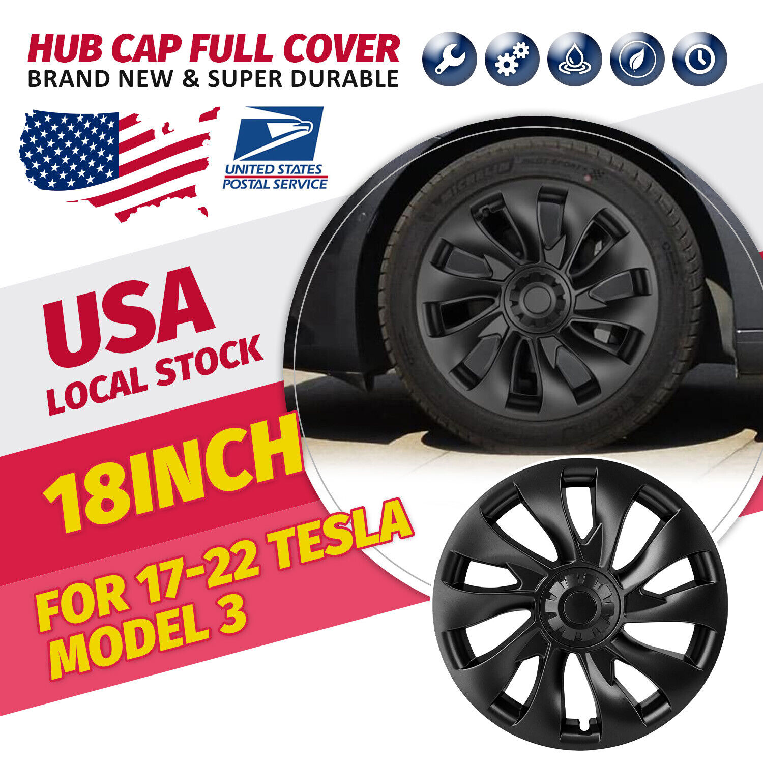 Set for Tesla Model 3 Storm Wheel Rim Cover 1PCS 18inch Hubcap Full Cover