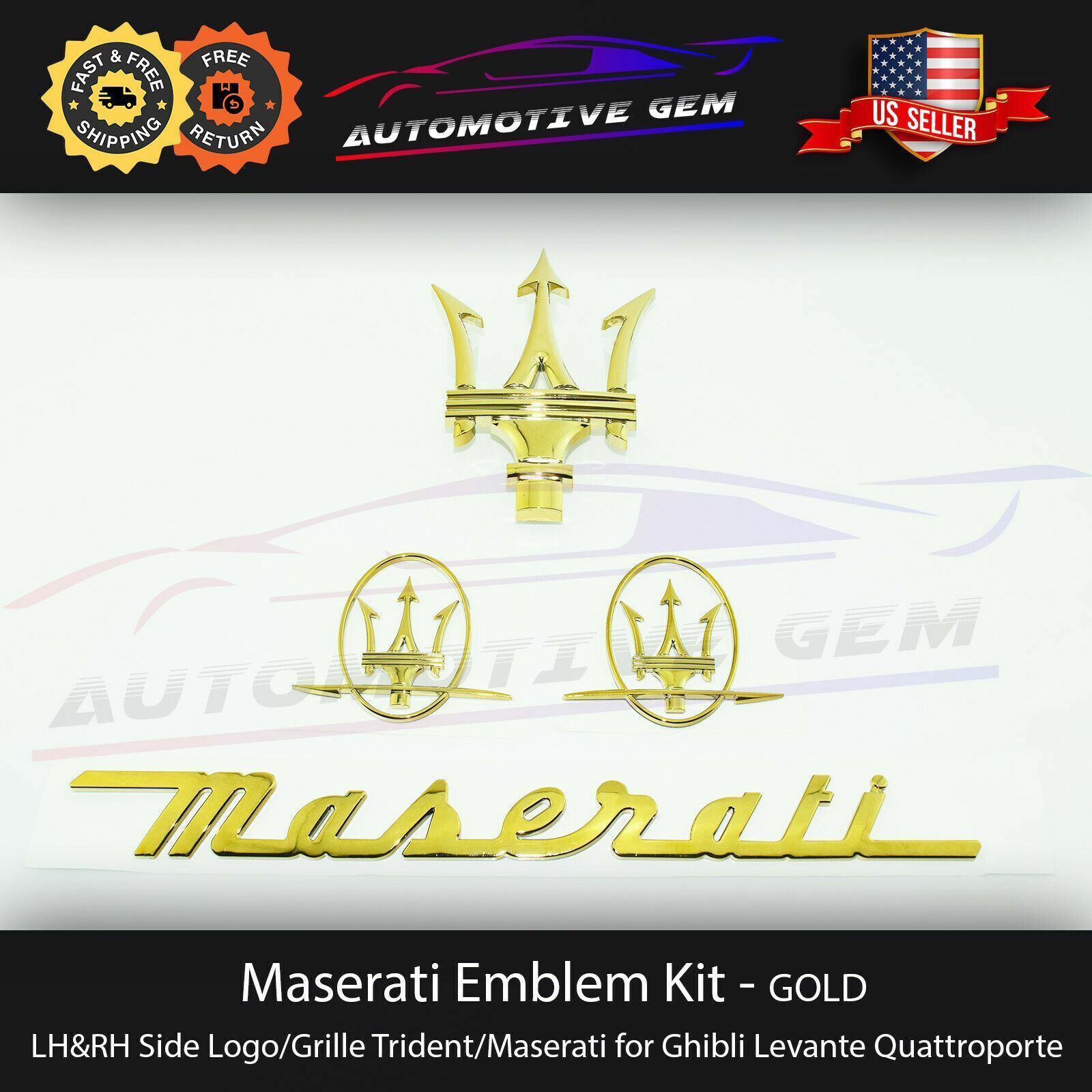 Maserati Emblem Grille Trident Side Logo LH&RH Gold Symbol Badge Set Kit
