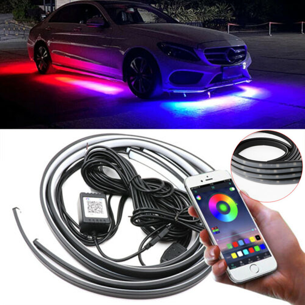 4pcs RGB Car Underglow LED Strip Light System Neon Kit Music APP Control