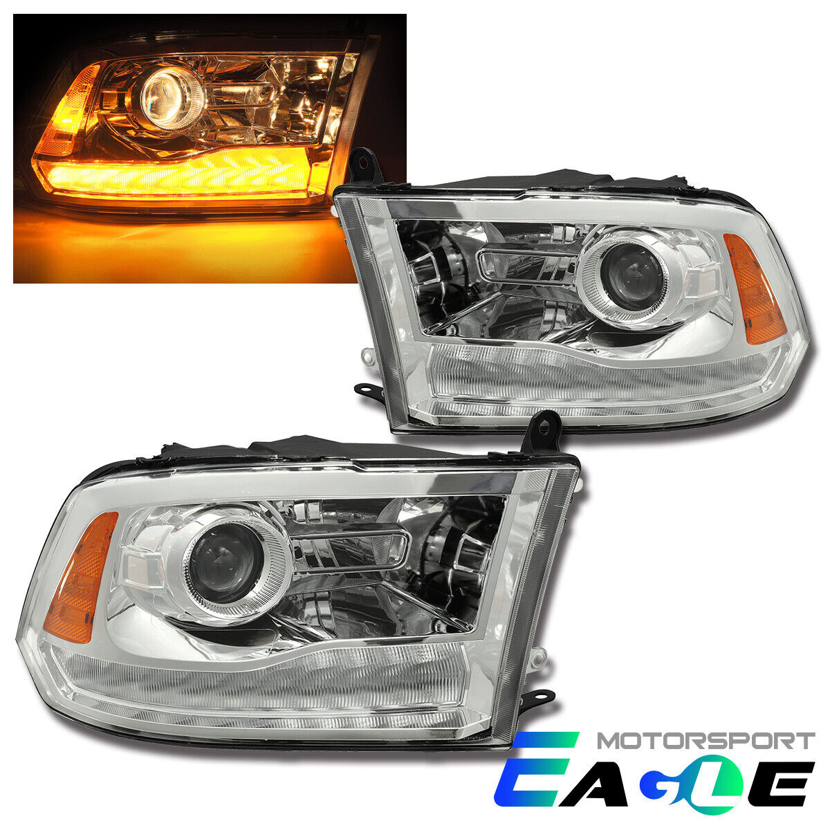 Fit 2009-2018 Dodge Ram 1500/2500/3500 LED DRL Projector Headlights Pair