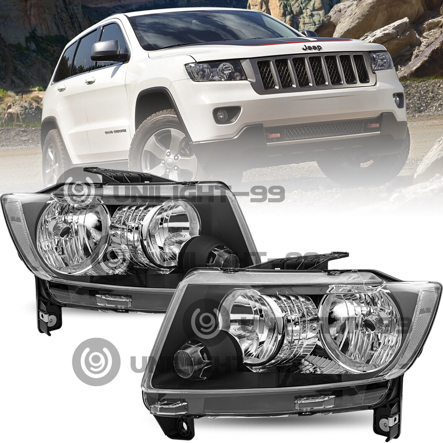 For 2011-2013 Jeep Grand Cherokee 11-17 Compass Headlights Set Halogen Black L+R