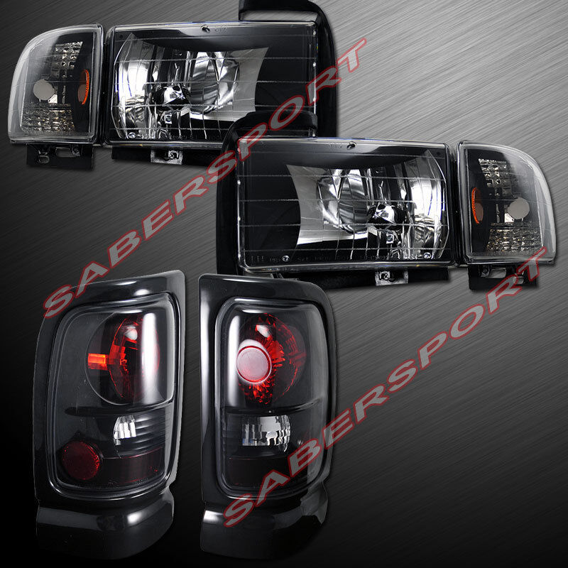 Combo Set of Euro Clear Black Headlights + Taillights for 94-01 Dodge Ram Pickup