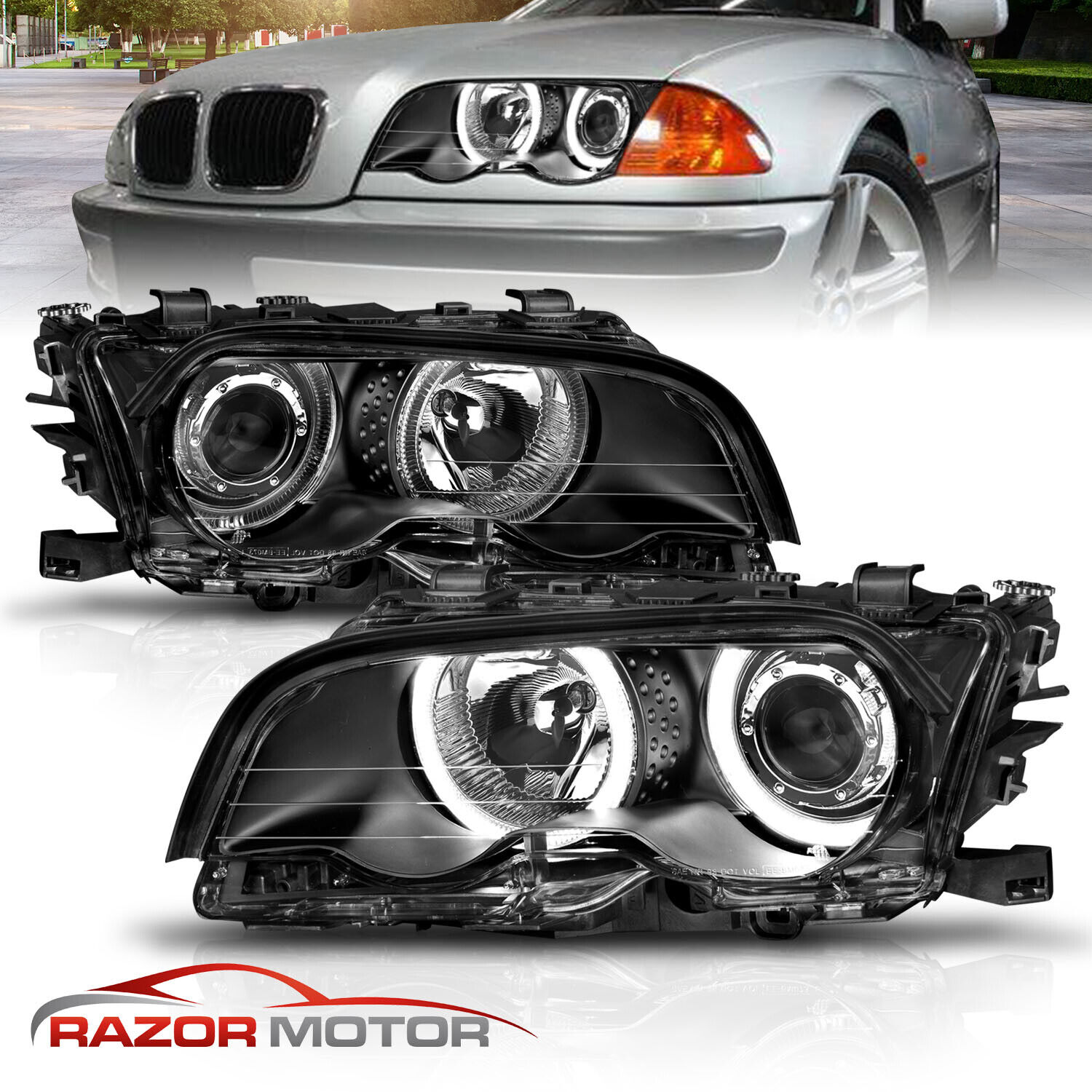 1999 2000 2001 BMW E46 3 Series 2Dr Coupe Black LED Halo Projector Headlights